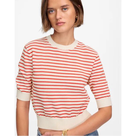 Madewell NWT Women’s Red Cream Striped Textural Stitch Cotton Sweater size XS - Picture 1 of 9